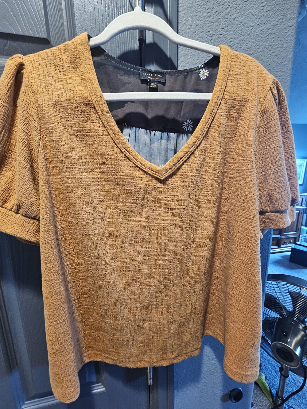 Current Air Textured V-Neck Tunic in Mustard- Camo Print In Back. Beautiful Top